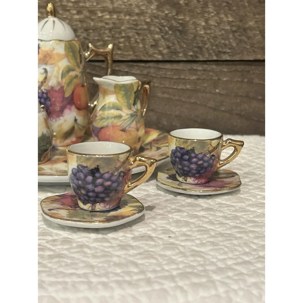Vintage Miniature 10 Piece Chinese Porcelain Tea Set Fruit Design Gold Trim EUC‎